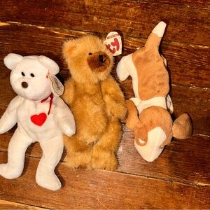 3 TY Beanie Babies in Various Conditions Valentino Bear and Tracker Dog